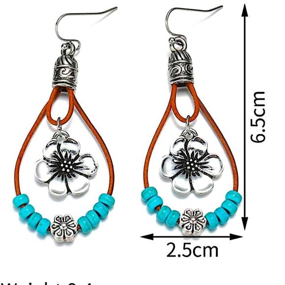 Silver Vintage Handmade Turquoise Daisy Dangle Earrings - Picture 6 of 6